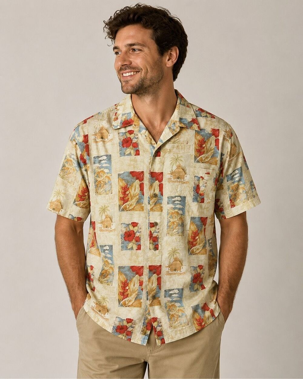 Vintage Pierre Cardin Hawaiian Shirt Mens Large Tropical Floral 100% Cotton